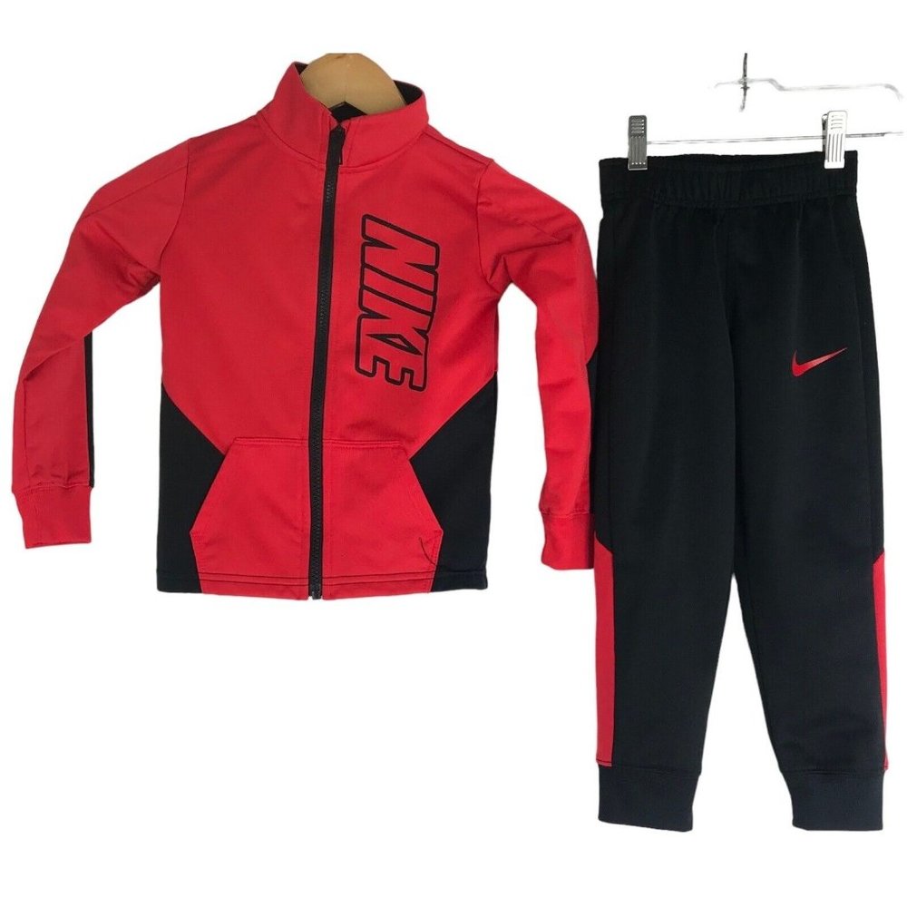 Nike Boys Track Suit Warm Up XS 4 Zip Up Jacket Pant Set Black Red Jacket Pants
